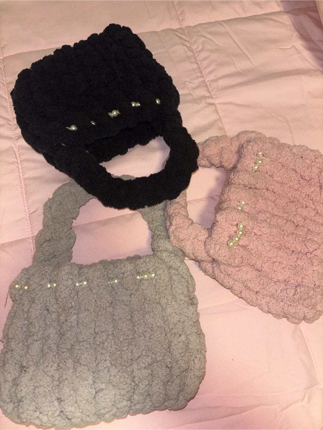 Handmade Crocheted Mini Handbags with Pearls - Black, Grey, Pink - photo 2