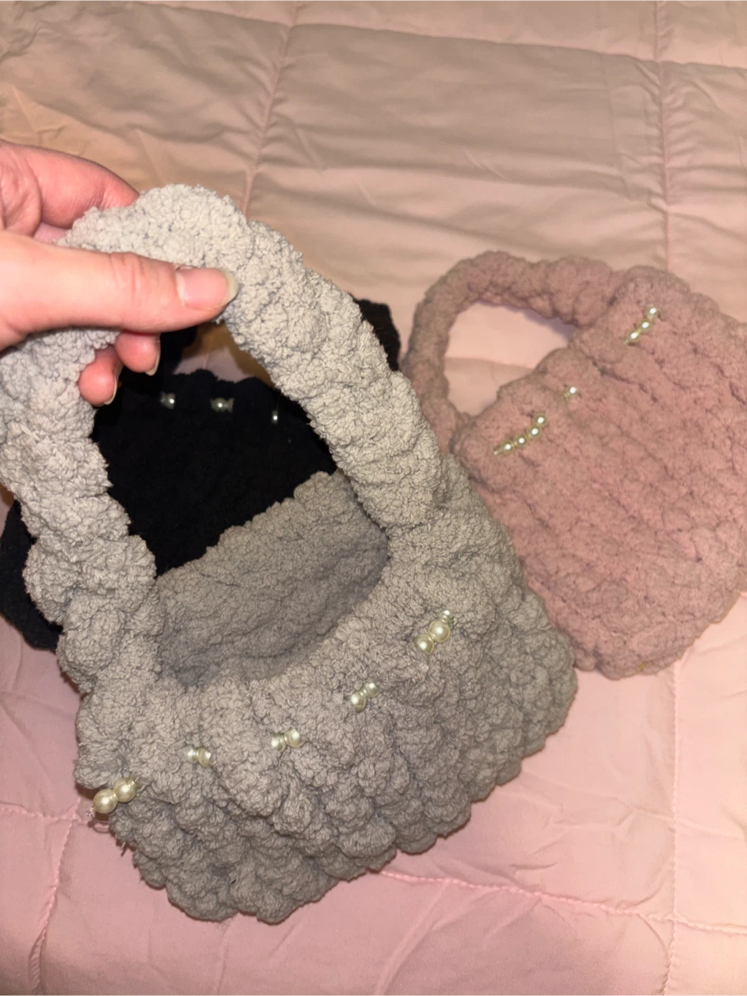 Handmade Crocheted Mini Handbags with Pearls - Black, Grey, Pink - photo 3