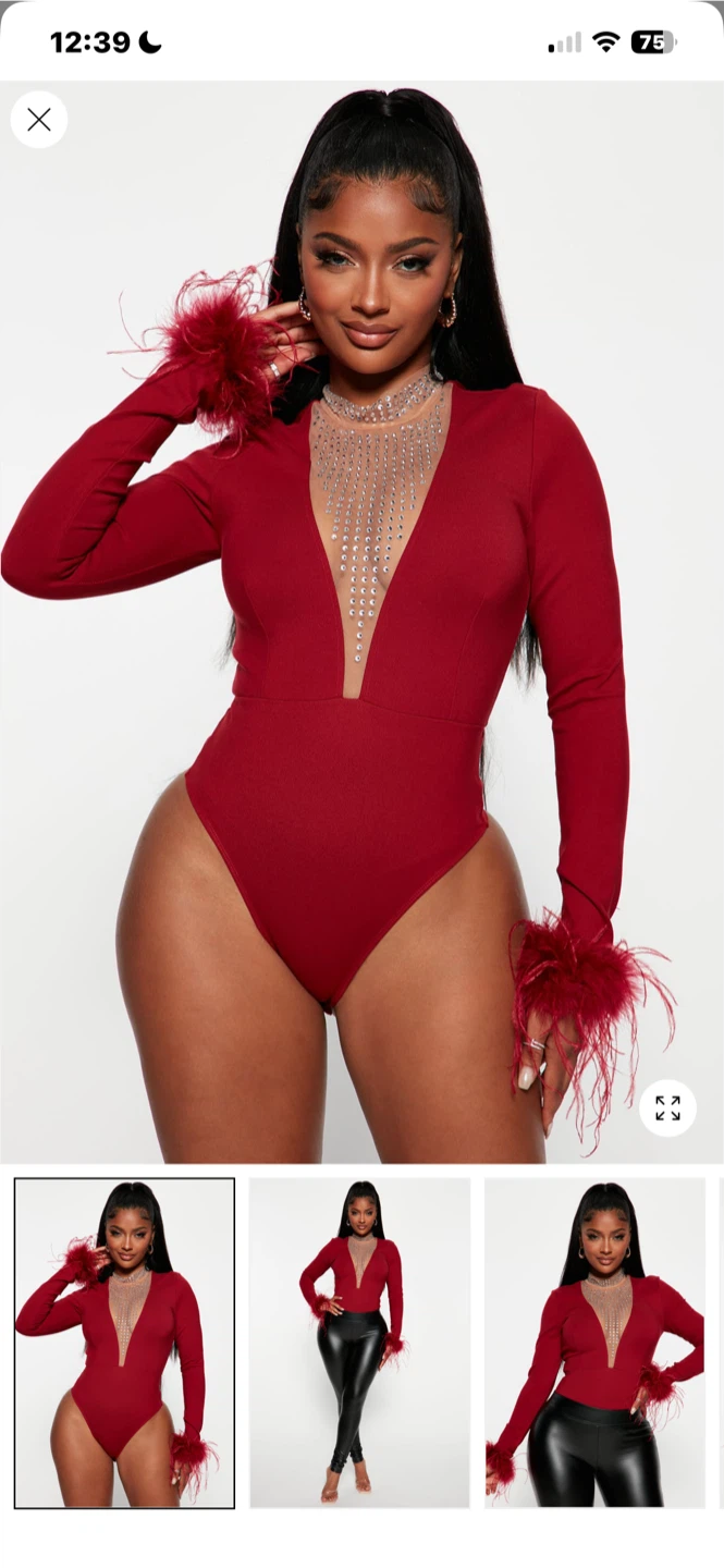 Fashion Nova Bodysuit with Feathers and Rhinestones