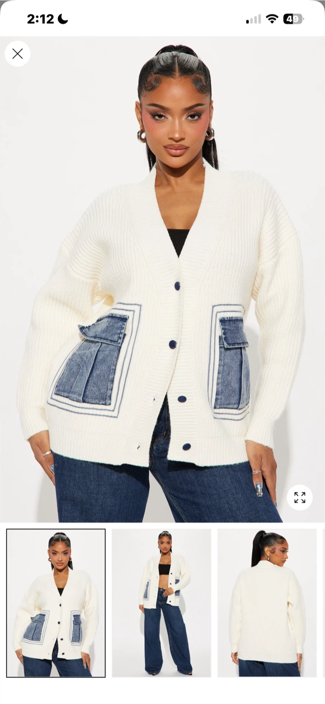 Fashion Nova Cream Knit Cardigan with Denim Pockets