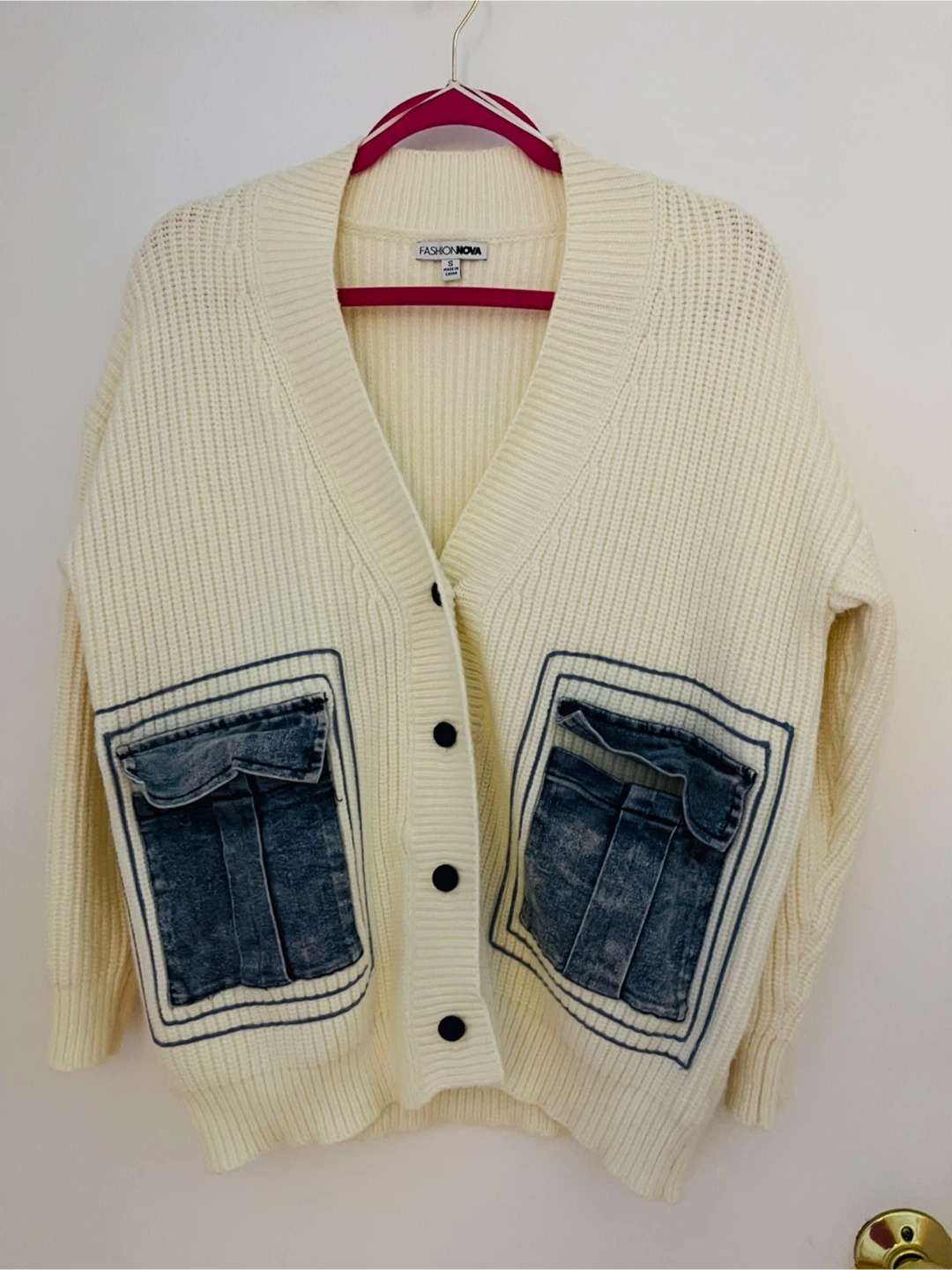 Fashion Nova Cream Knit Cardigan with Denim Pockets - photo 2