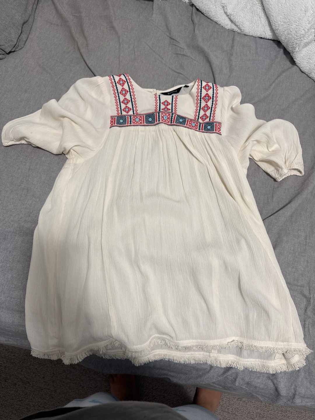 White Embroidered Tunic Top with Fringed Hem