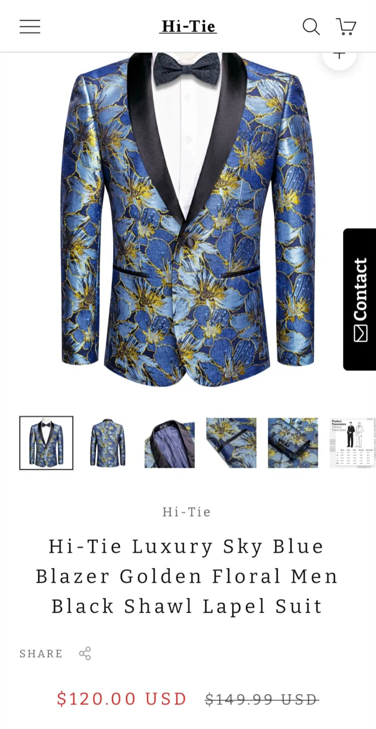 Hi-Tie Luxury Sky Blue Golden Floral Blazer