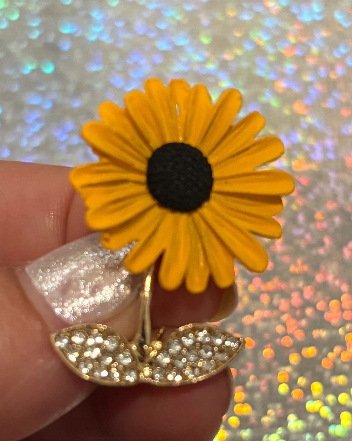 Sunflower Brooch with Rhinestone Leaves