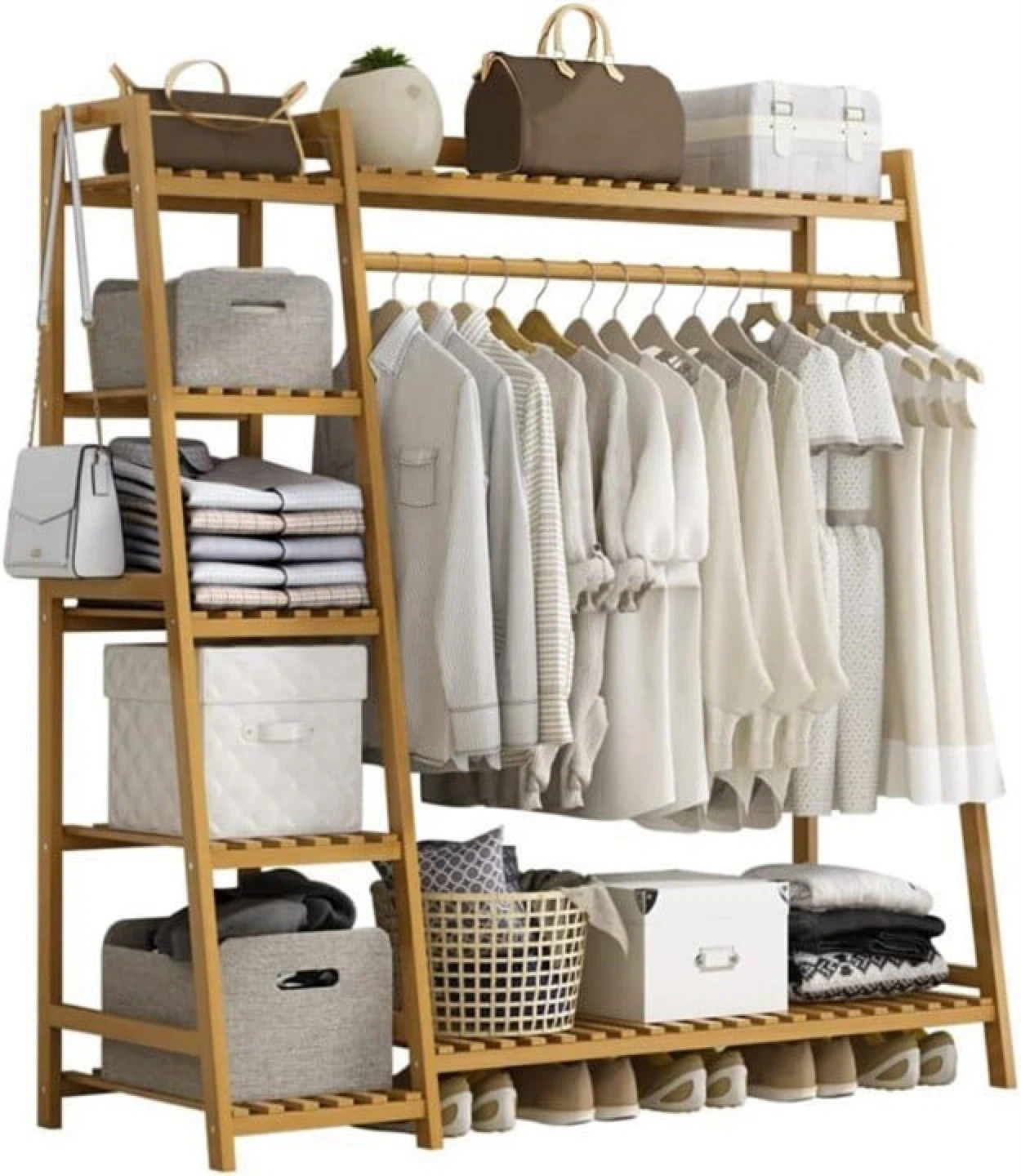 Bamboo A-Frame Garment Rack and Shelf Unit