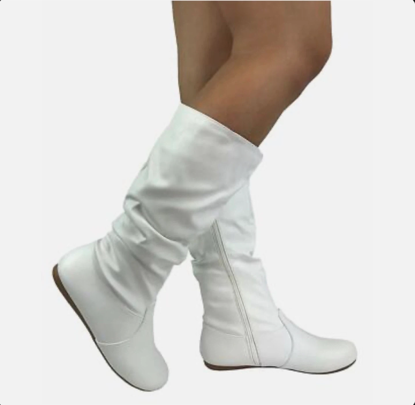 White Round Toe Slouchy Women Causal Mid Calf Flat Boots