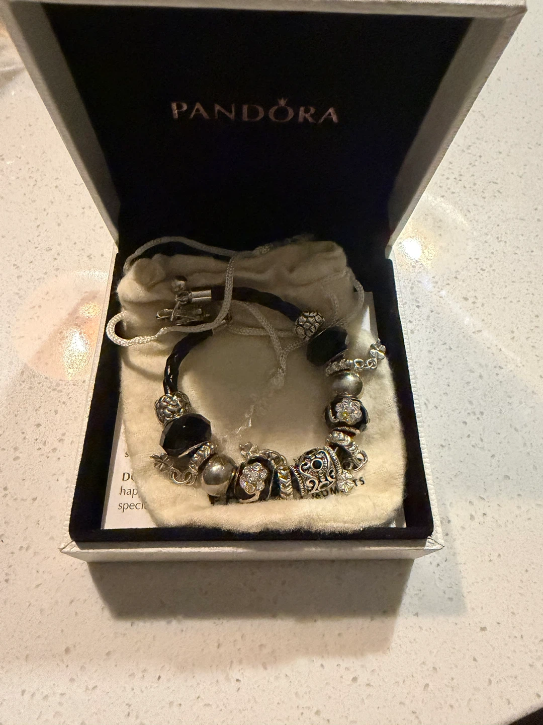 Pandora Sterling Silver Black Leather Charm Bracelet