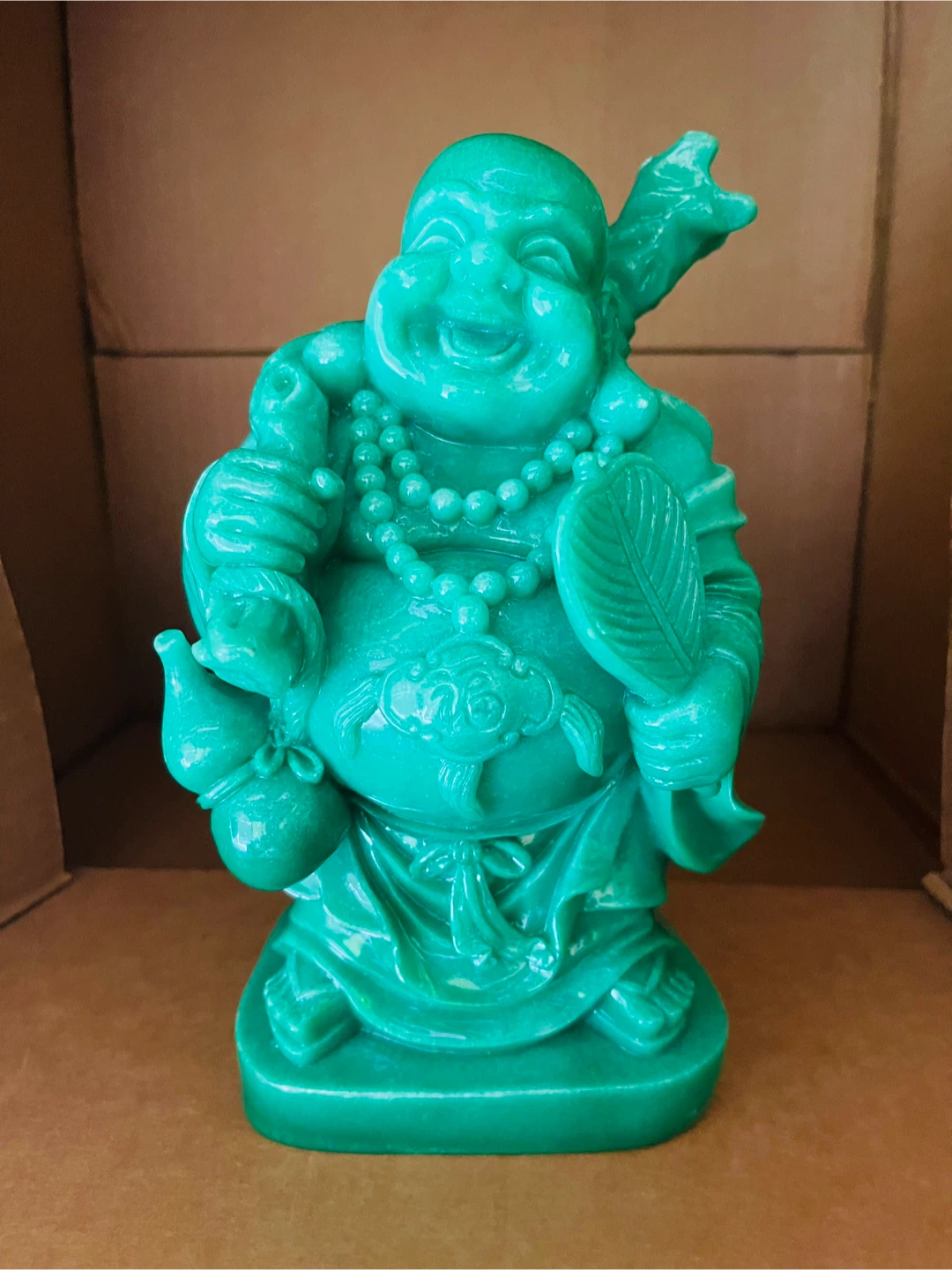 Green Laughing Buddha Figurine with Bag