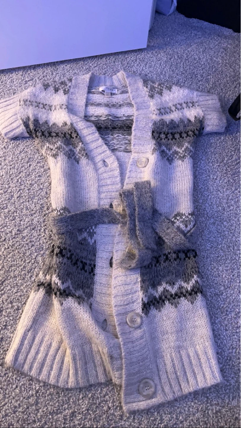 Cream and Grey Fair Isle Cardigan with Belt