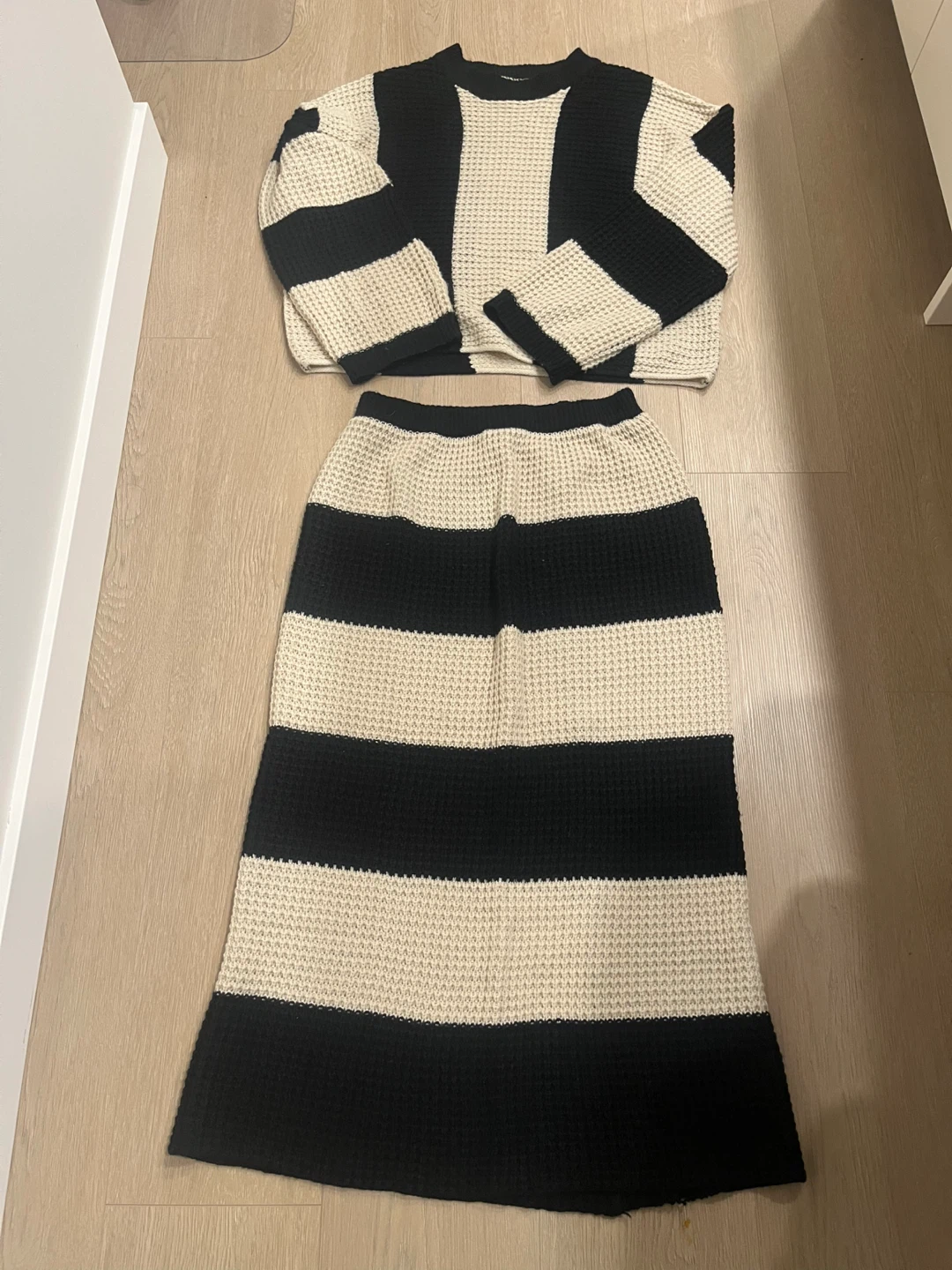 Black and White Striped Sweater and Skirt Set