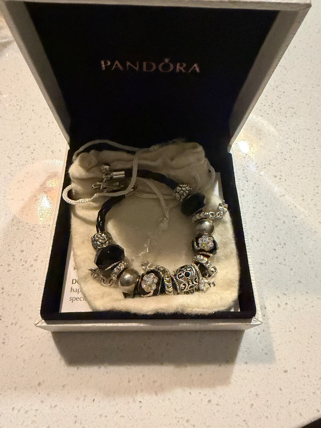 Pandora Leather Charm Bracelet with Black and Silver Charms