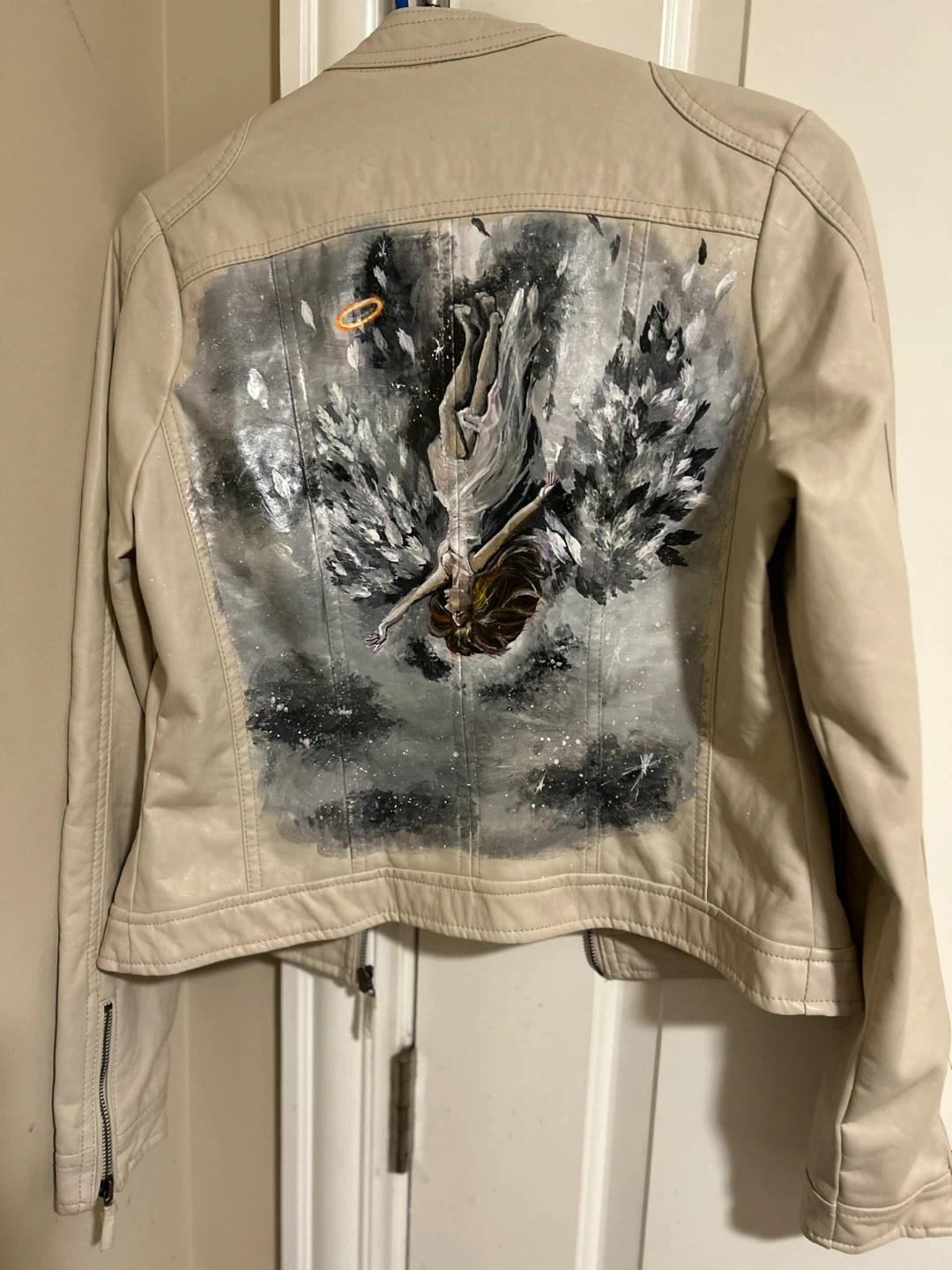 Cream Faux Leather Jacket with Angel Art - Size S