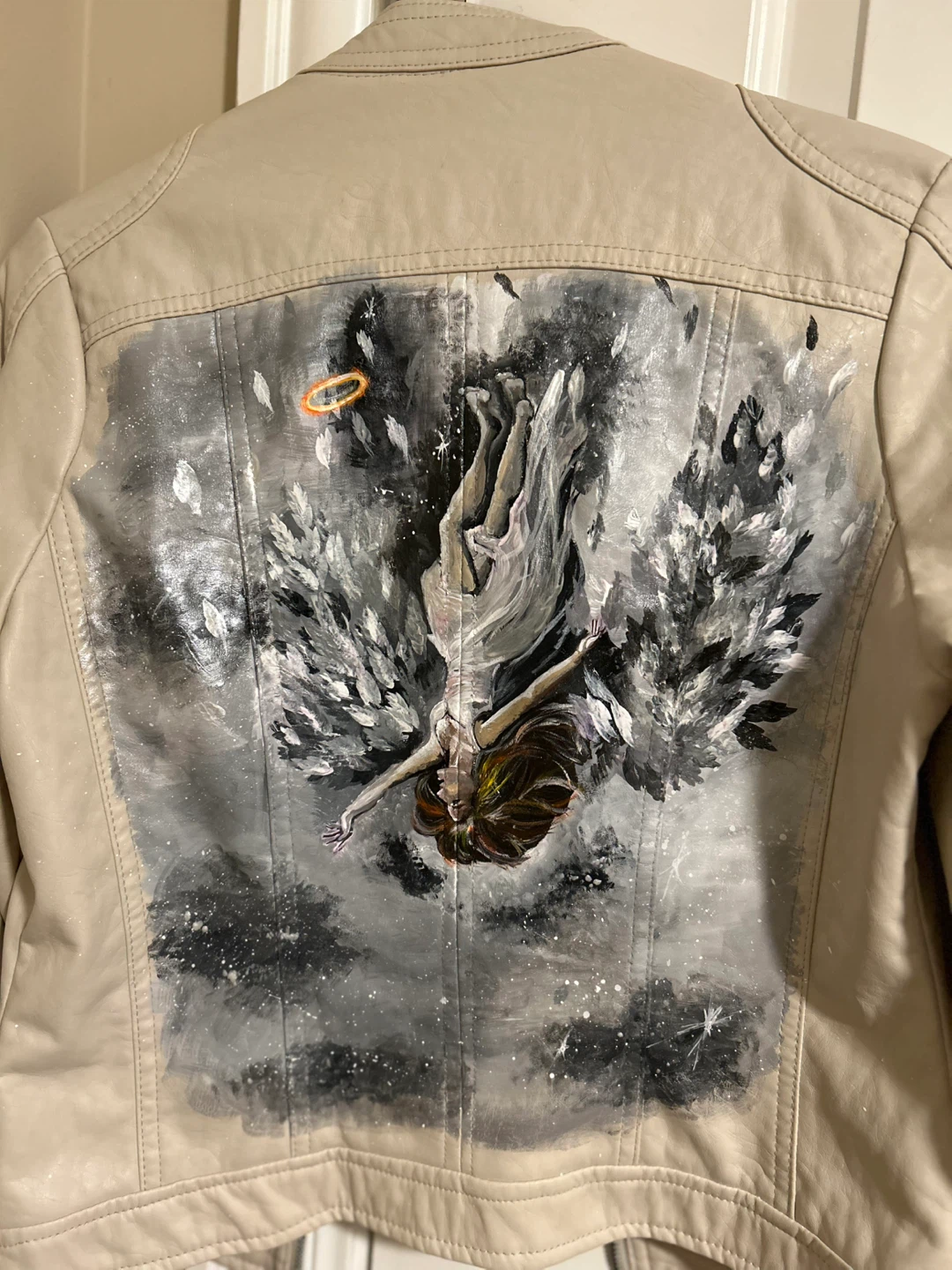 Cream Faux Leather Jacket with Angel Art - Size S - photo 2