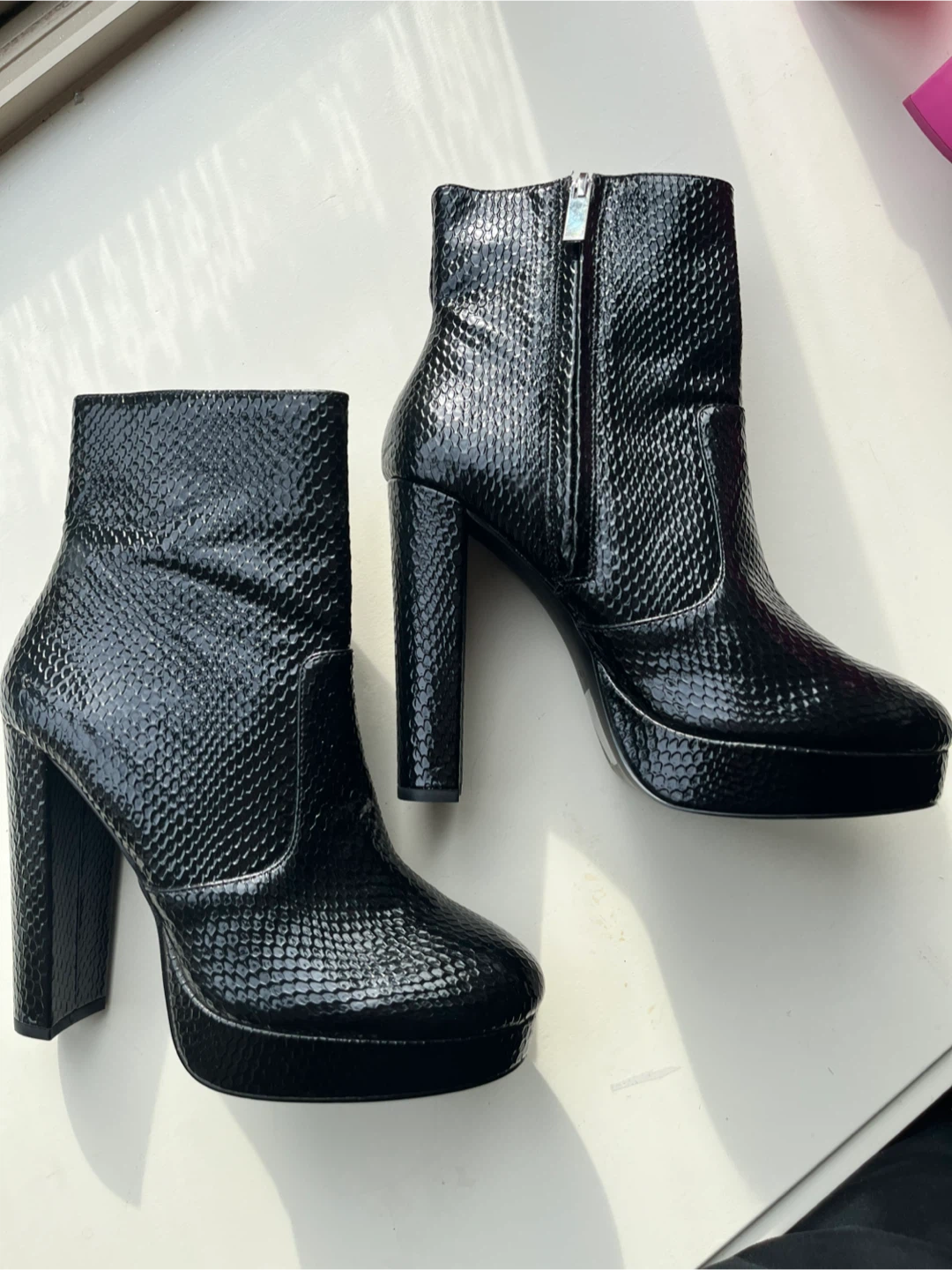 Brand new ALDO Black Faux Snakeskin Platform Heeled Ankle Boots