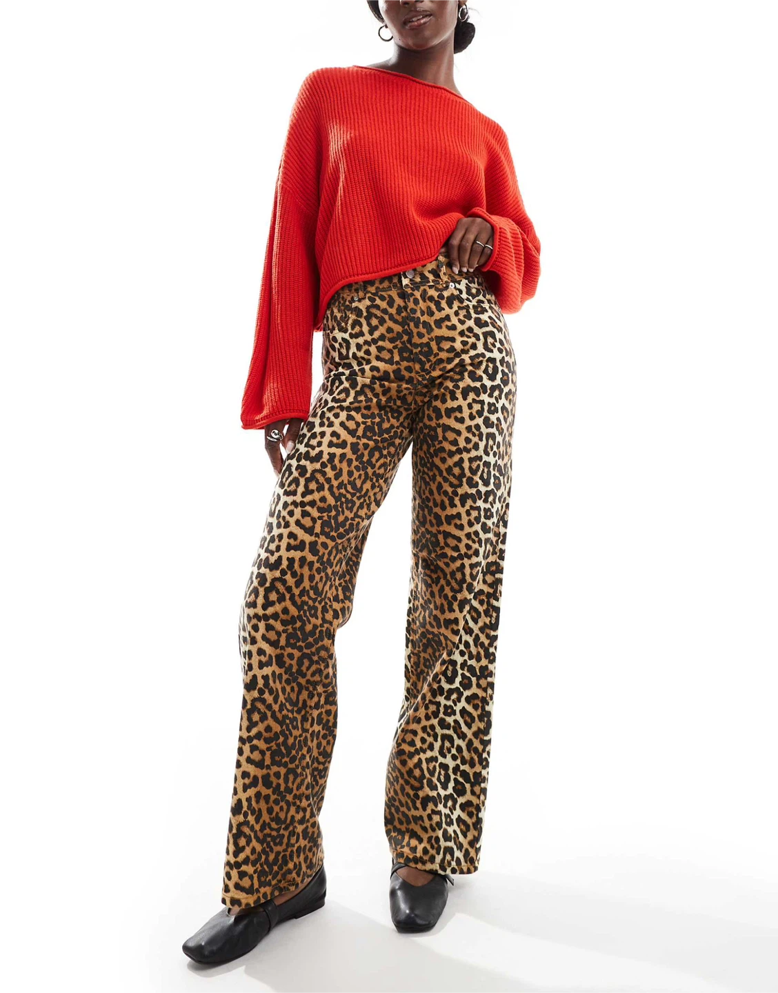 YAS high waist straight leg jeans in leopard print size 27