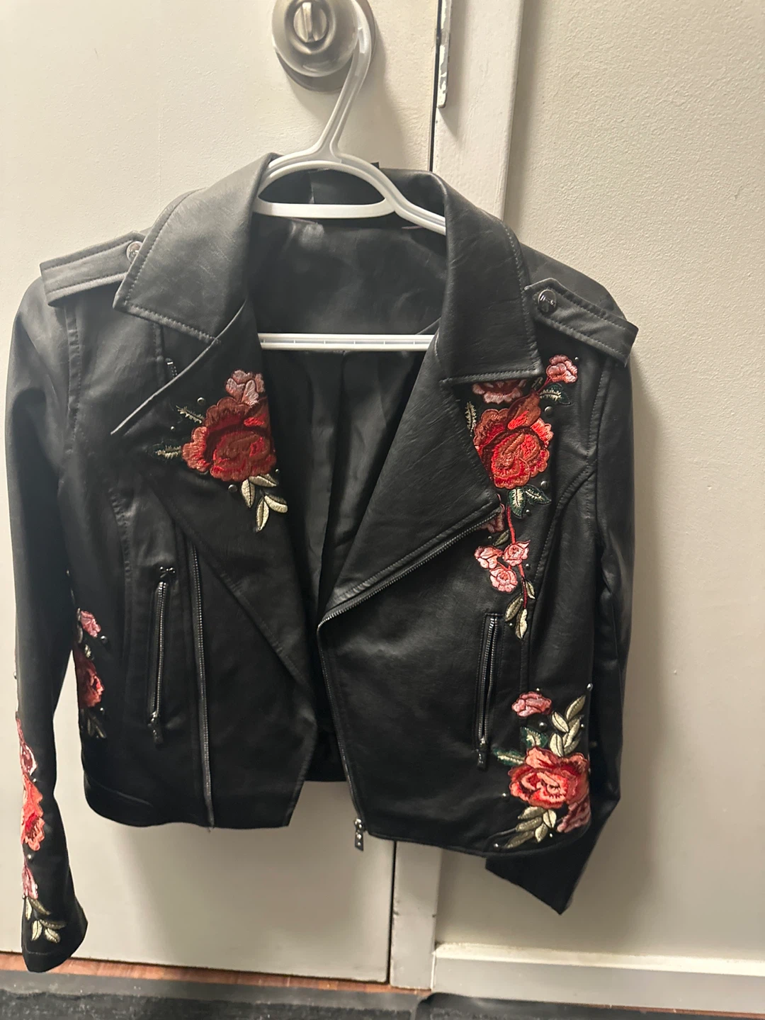 Black Faux Leather Moto Jacket with Floral Embroidery