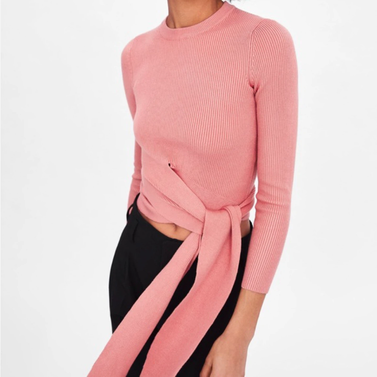 Zara new  peach pink tie waist ribbed cropped sweater small - photo 2