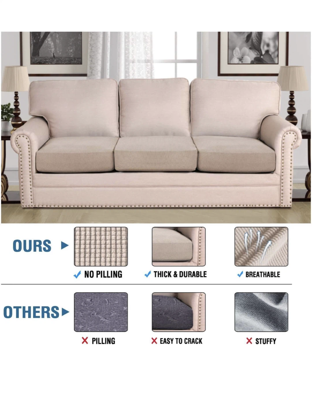 H.VERSAILTEX Super Stretch Seat 3 Cushion Covers Sofa Covers - photo 3