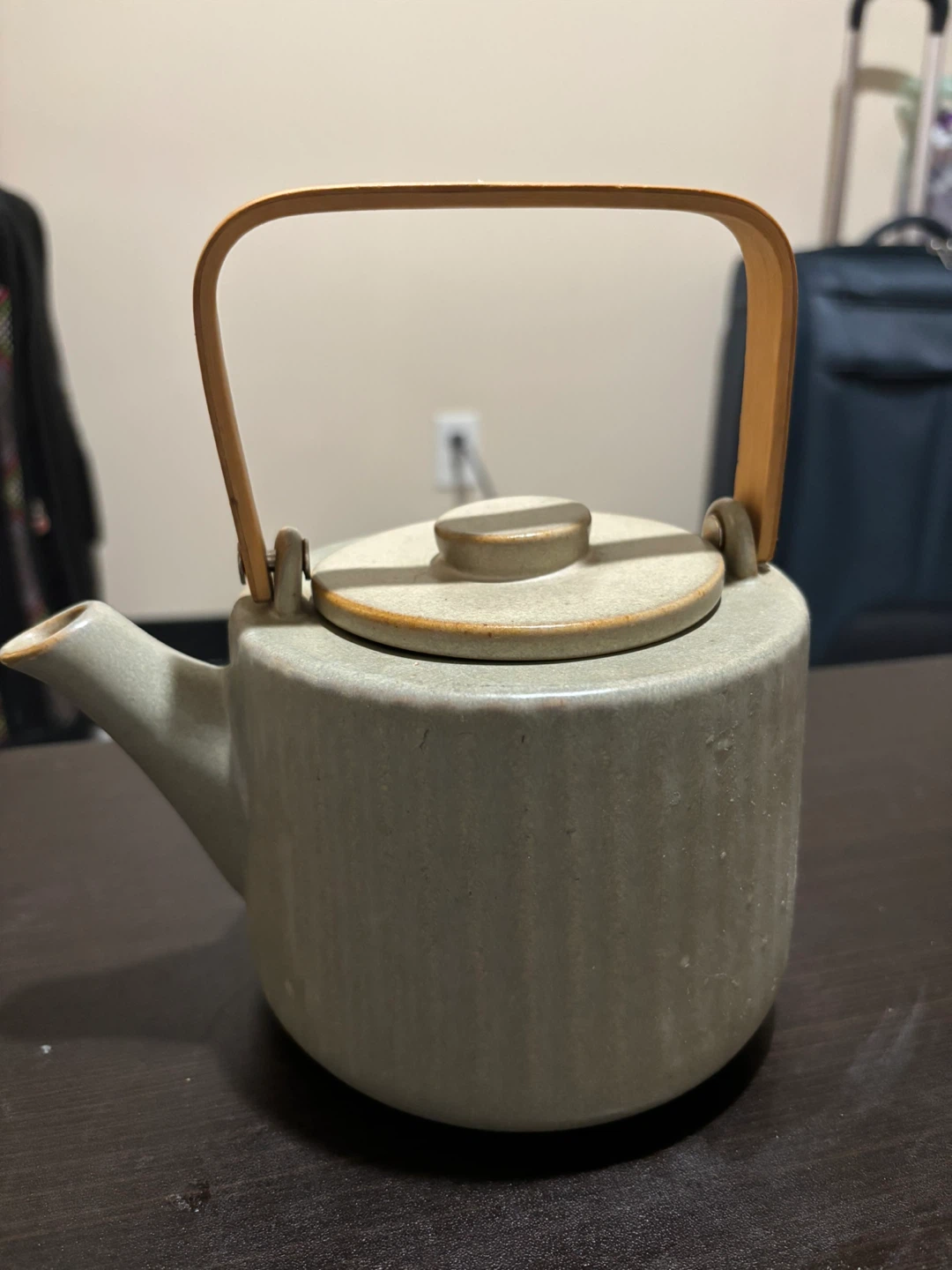 David’s Grey Ceramic Teapot with 2 strainers and Wooden Handle