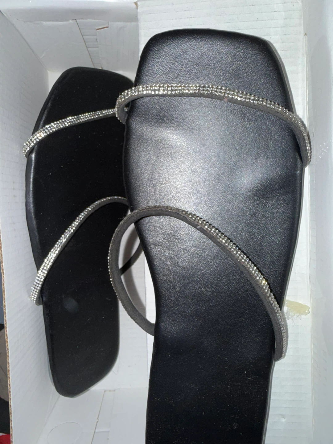 Black Rhinestone Strap Flat Sandals - Size 39
