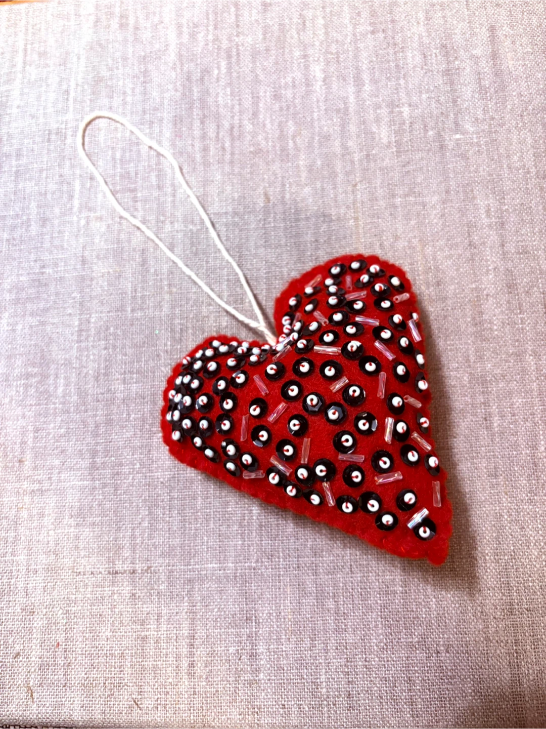 Red Beaded Heart Ornament, handmade gift