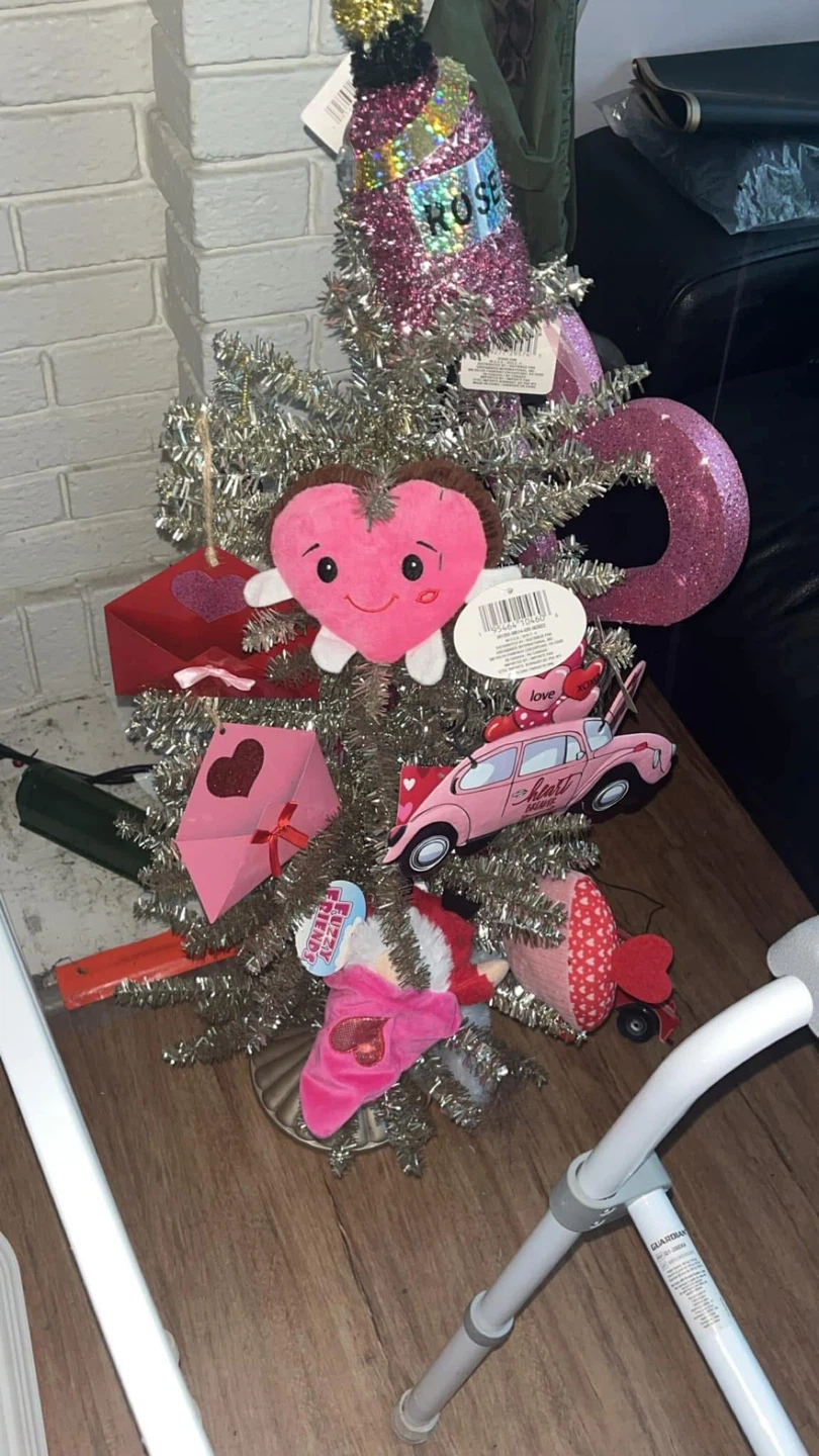 Valentine's Day Themed Tinsel Tree with Ornaments