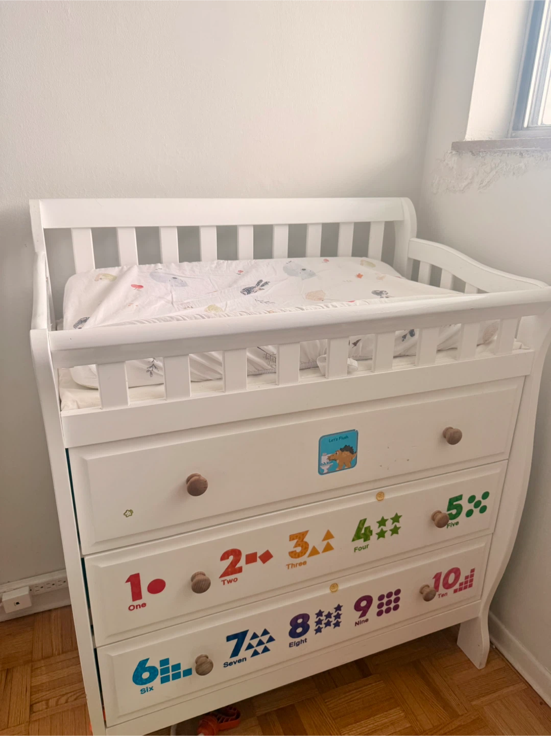 White Changing Table with Drawers and Number Decals