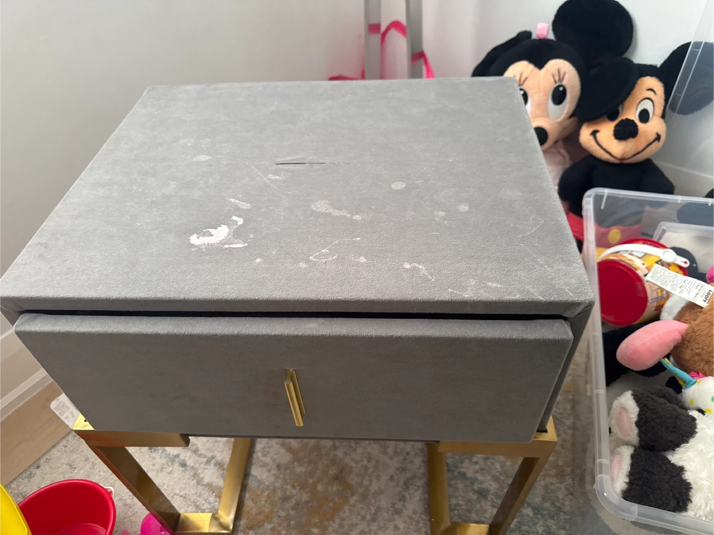 Grey Velvet Nightstand with Gold Legs - photo 2