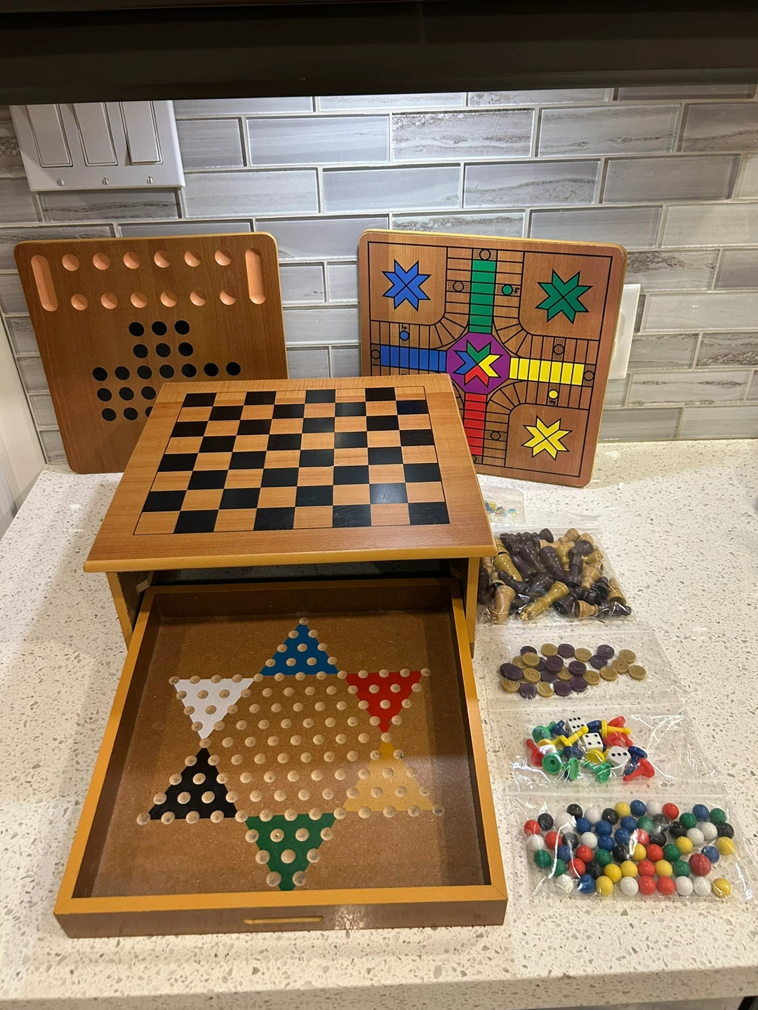 Wooden 6-in-1 Game Set - Chess, Chinese checkers