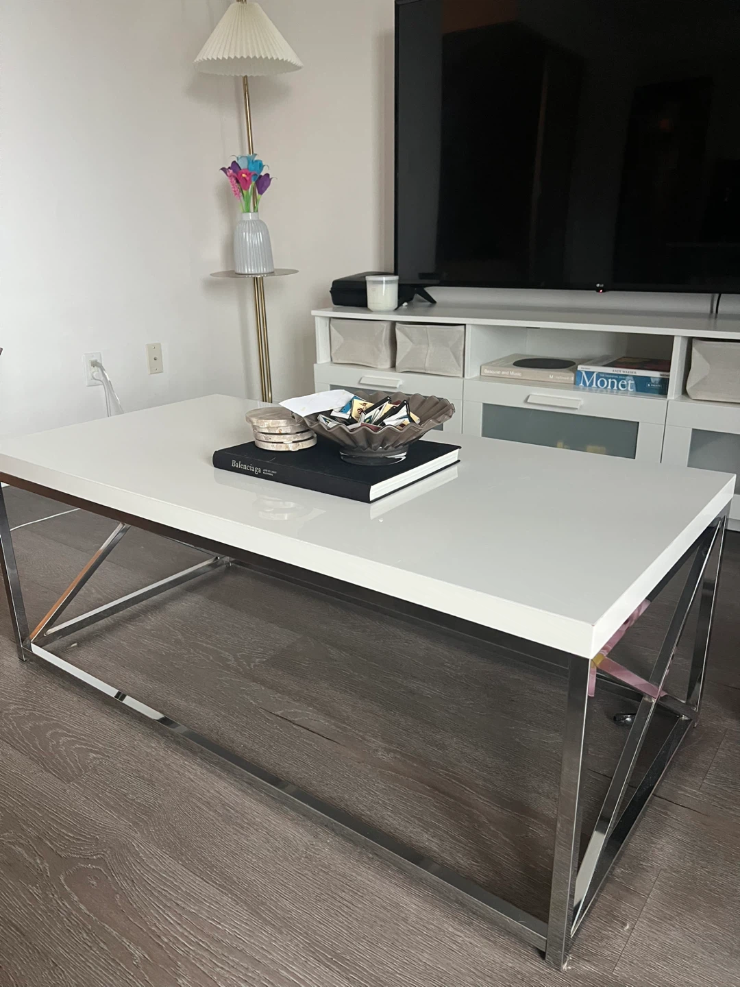 Modern White Coffee Table with Chrome Base