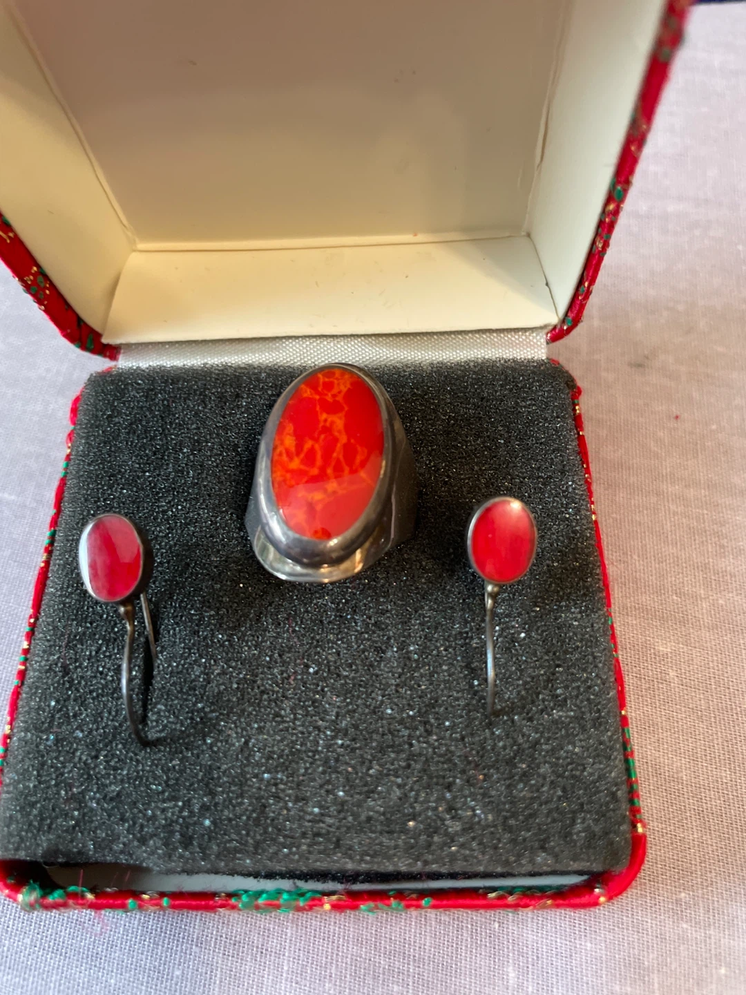 Red Stone Ring and Earring Set in Box
