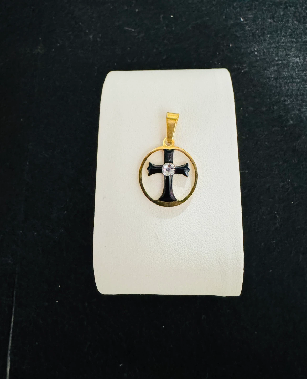 🏆 Black Enamel & Clear Stone Gold Cross Pendant with