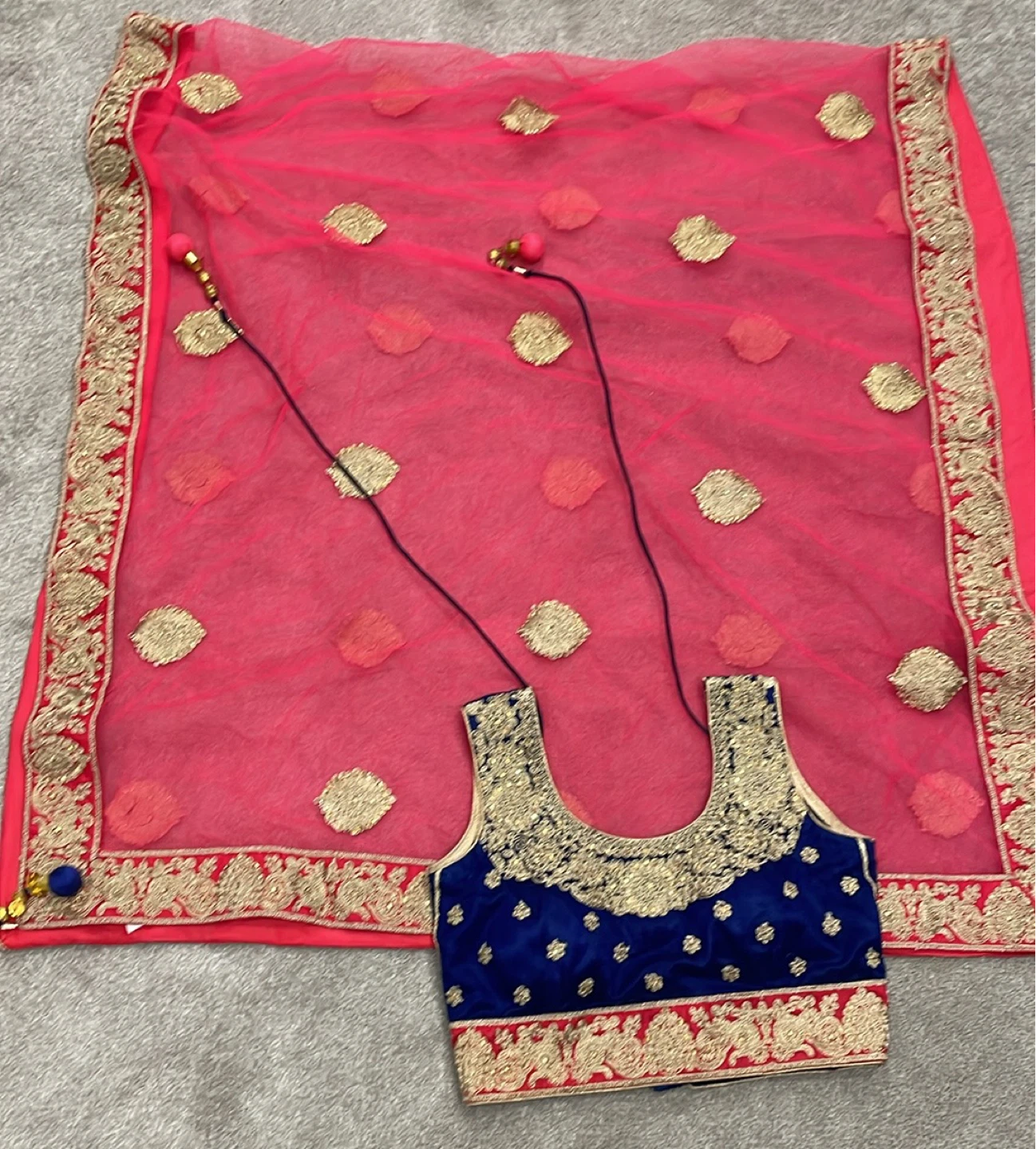 Pink Embroidered Net Dupatta with matching Blue Blouse