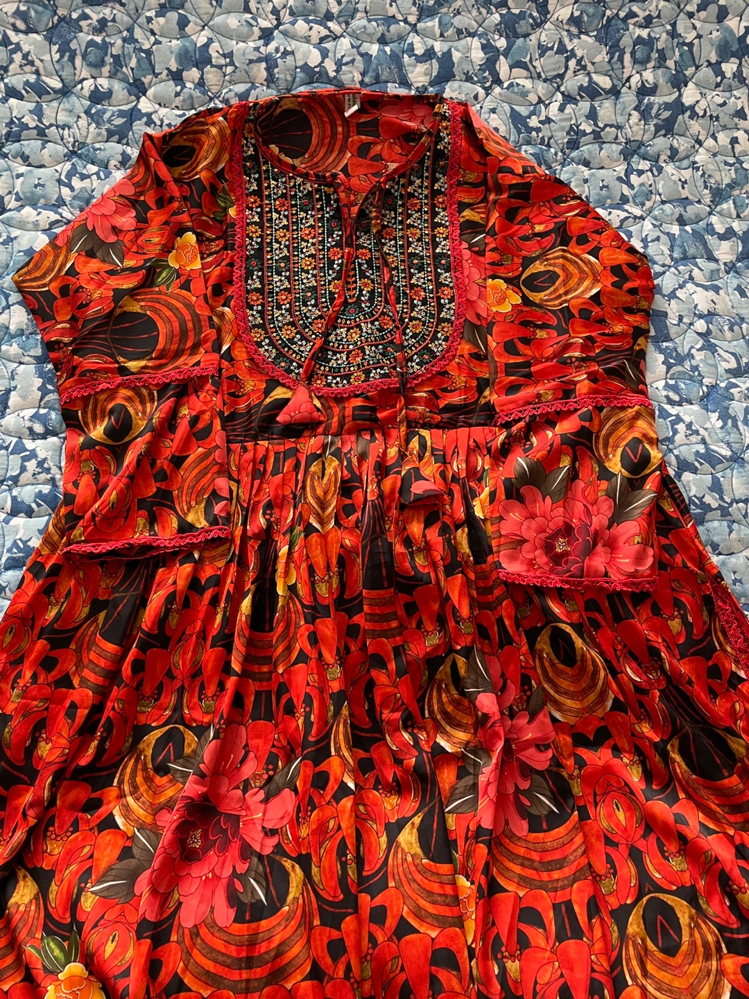 Red/orange Floral Embroidered dress - photo 3
