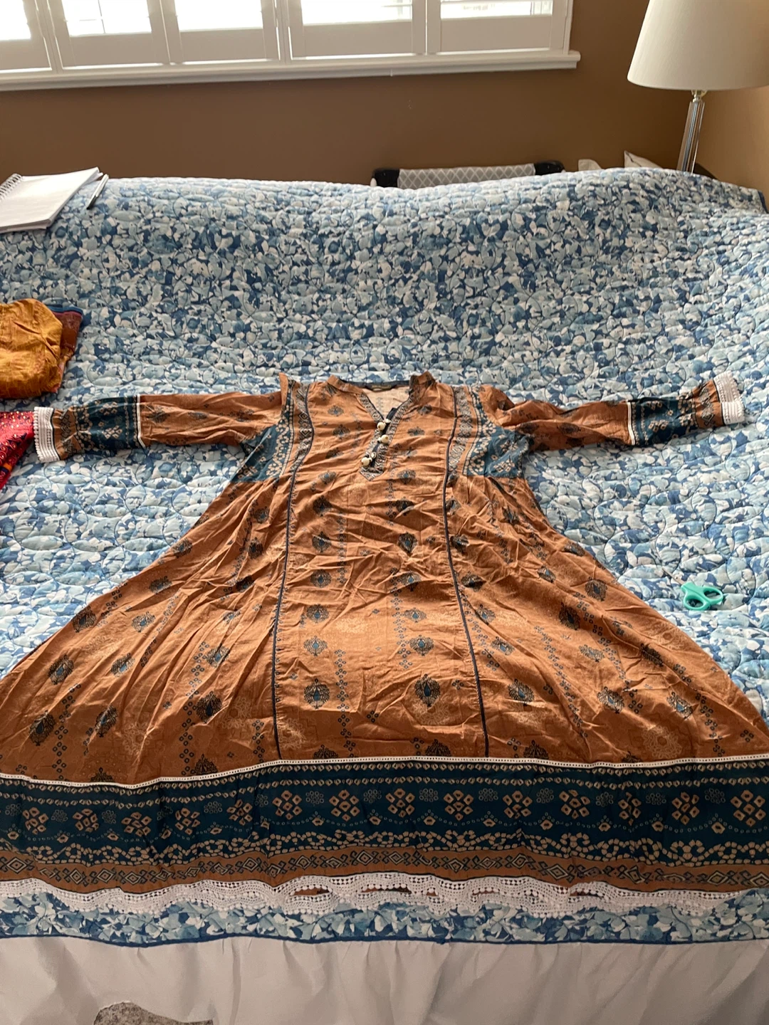 Brown and Teal Print Kurti with Embellished Buttons