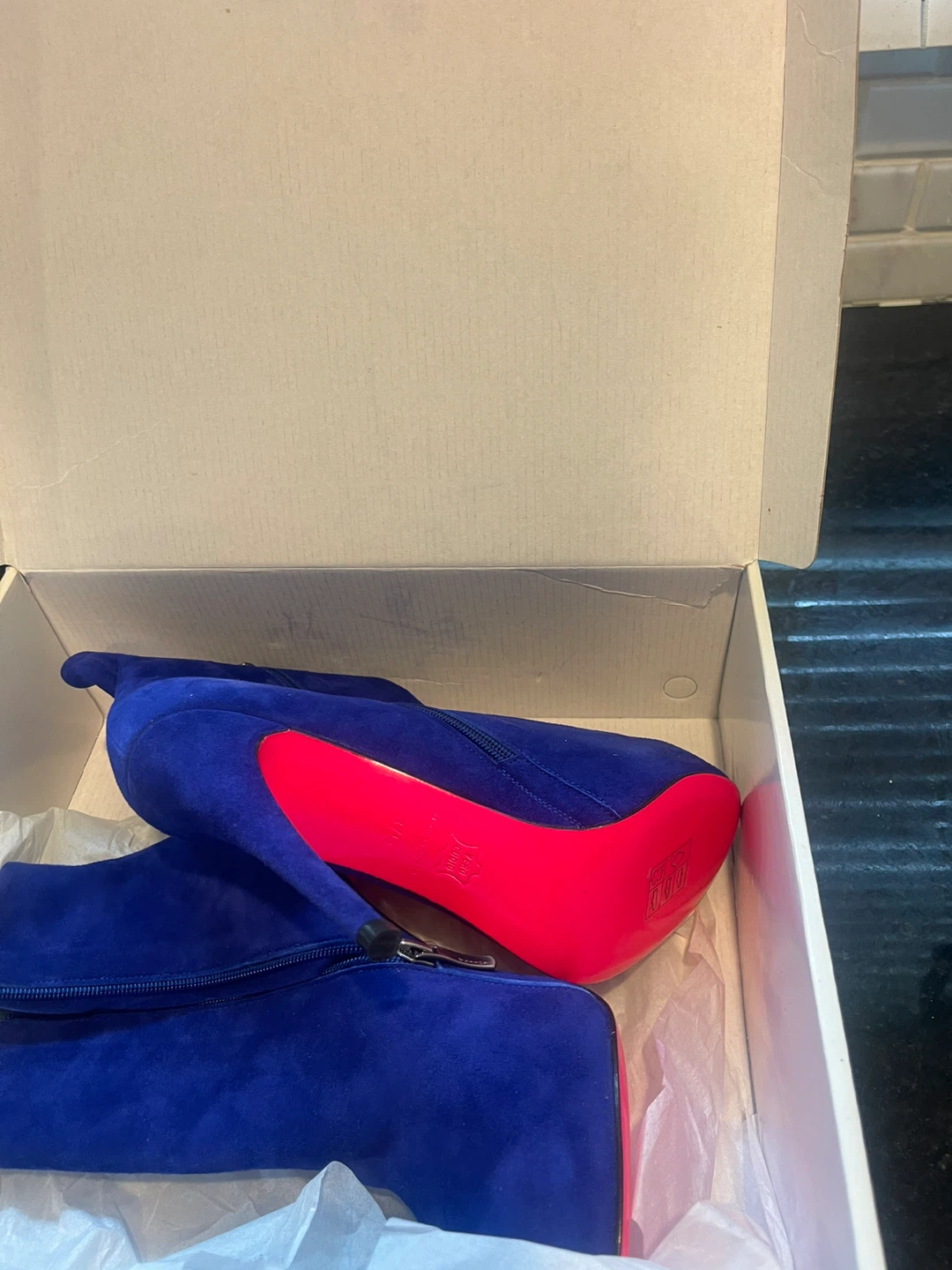 Blue Suede Ankle Boots with Red Soles