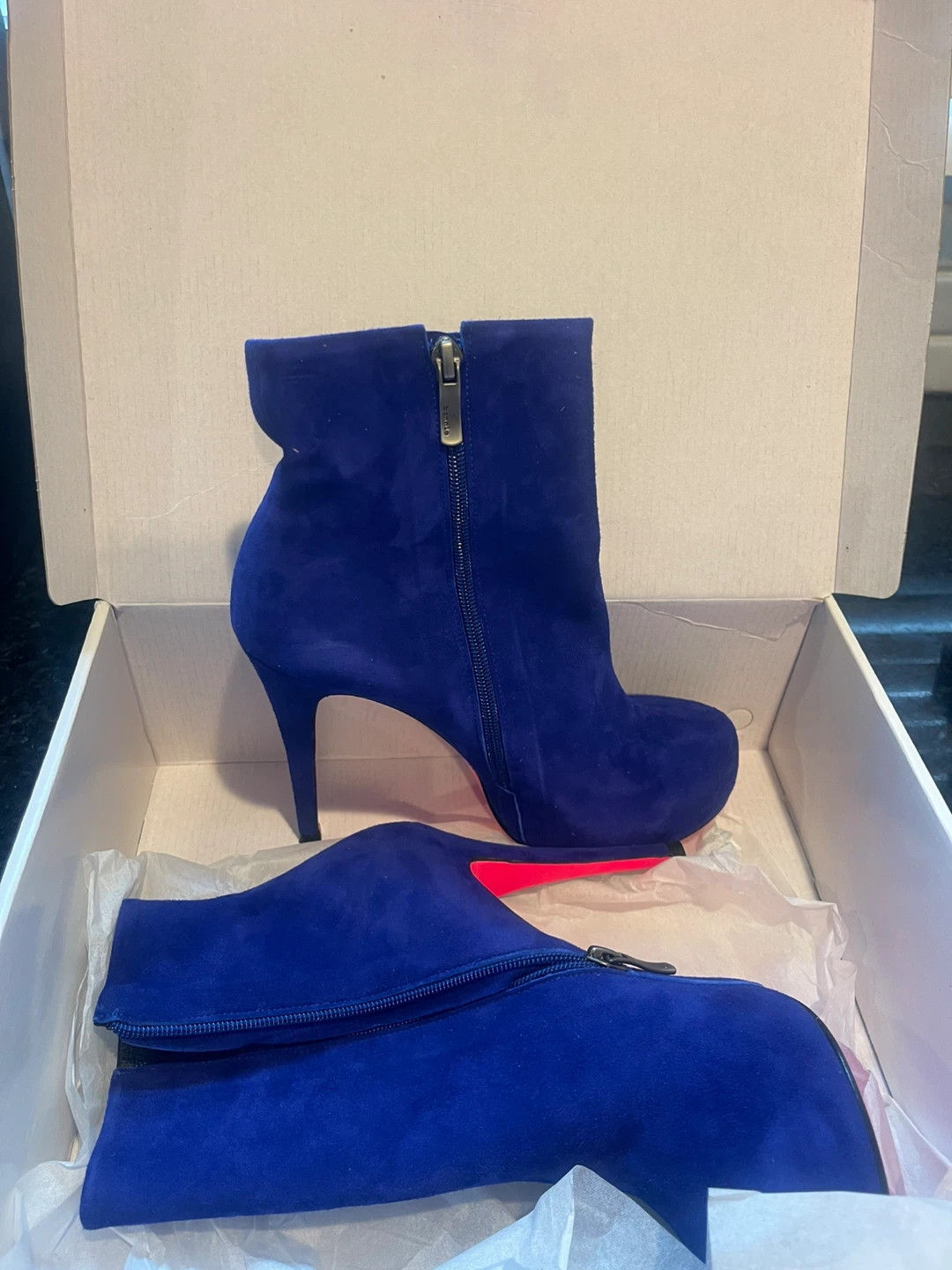 Blue Suede Ankle Boots with Red Soles - photo 3