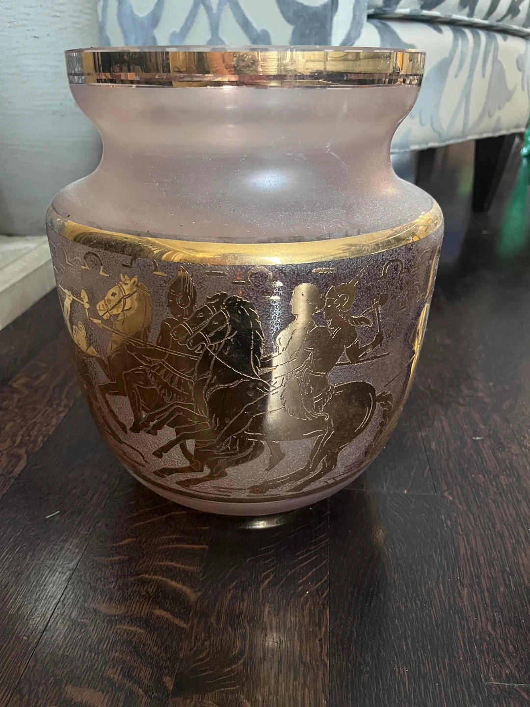 Vintage Glass Vase with Gold Classical Figures