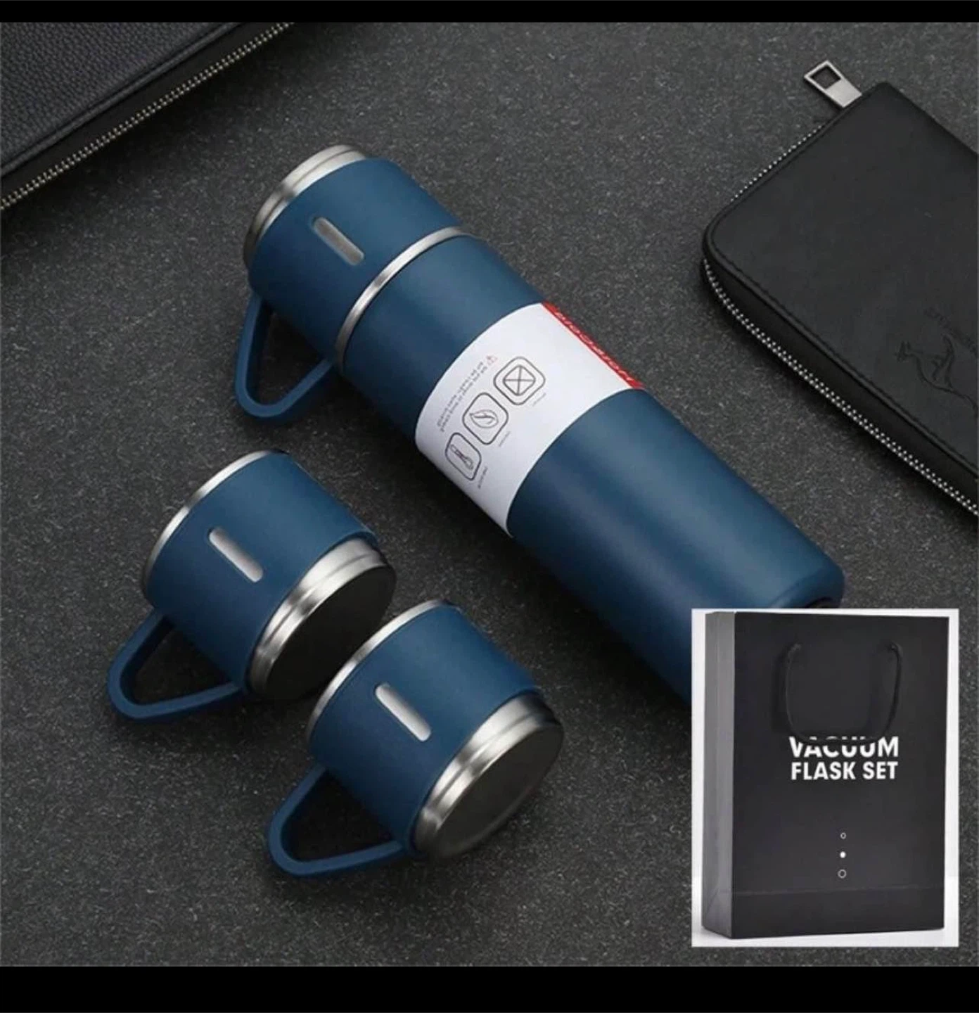 Blue Vacuum Flask Set with 2 Cups