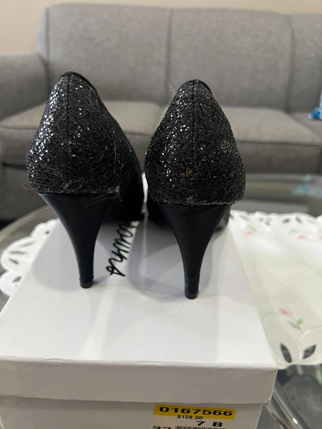 Mingle Black Chunky Glitter Peep Toe Heels Size 7M - photo 2