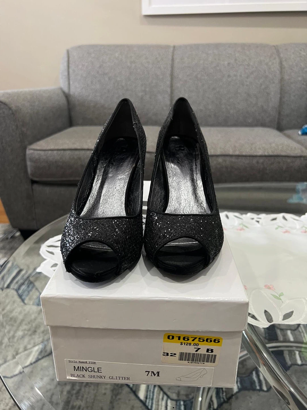 Mingle Black Chunky Glitter Peep Toe Heels Size 7M