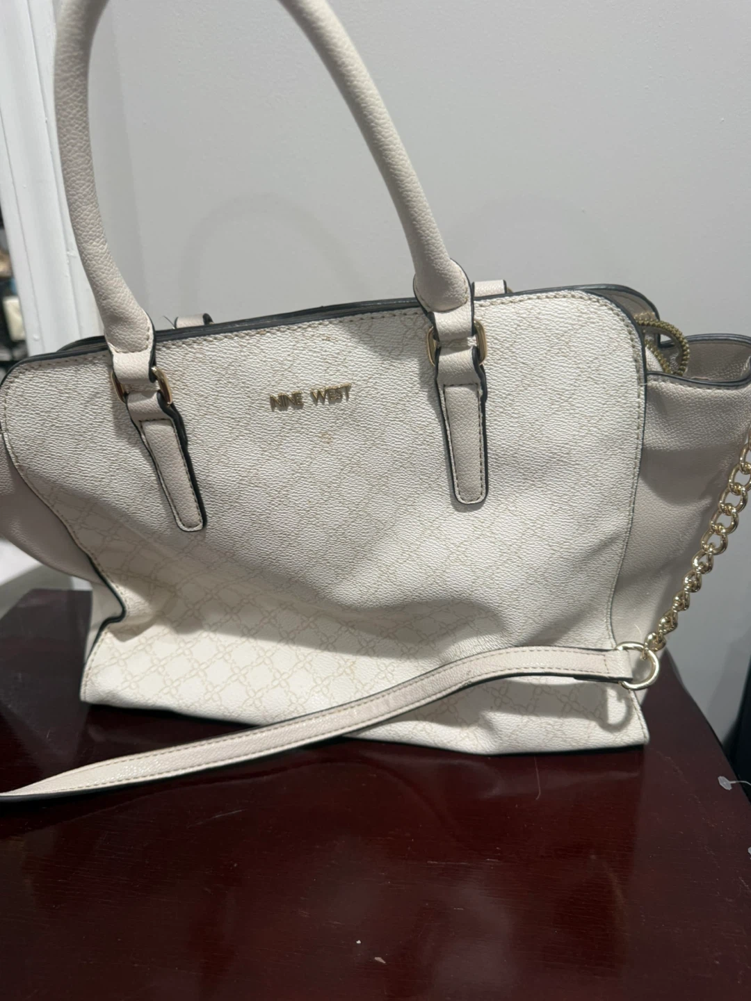Nine West White Patterned Tote Handbag with Crossbody Strap