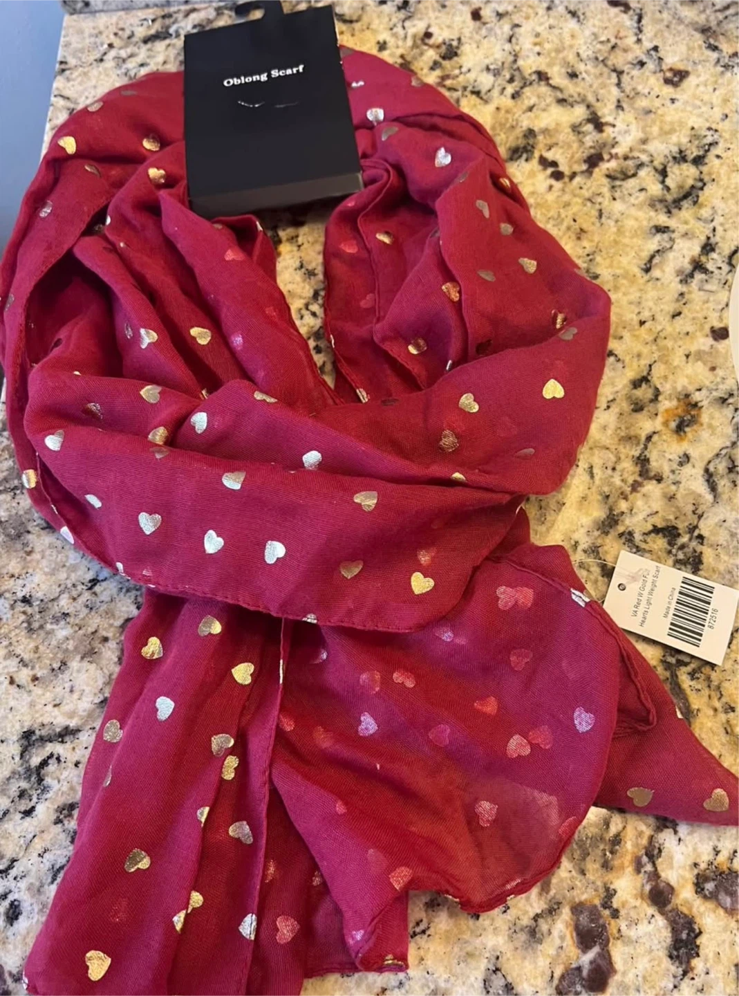 Beautiful Red Scarf with Gold Foil Hearts