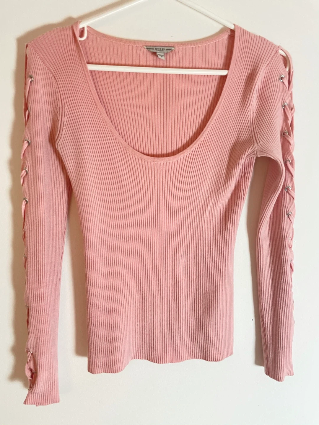 GUESS Pink Ribbed Lace-Up Sleeve Sweater - photo 2