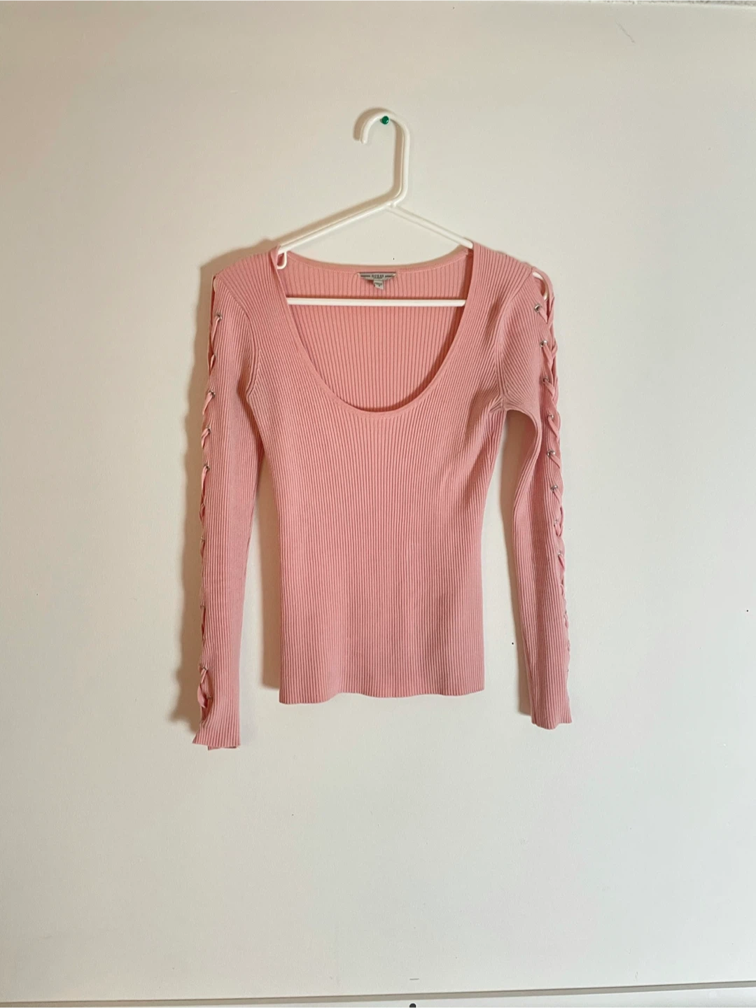 GUESS Pink Ribbed Lace-Up Sleeve Sweater