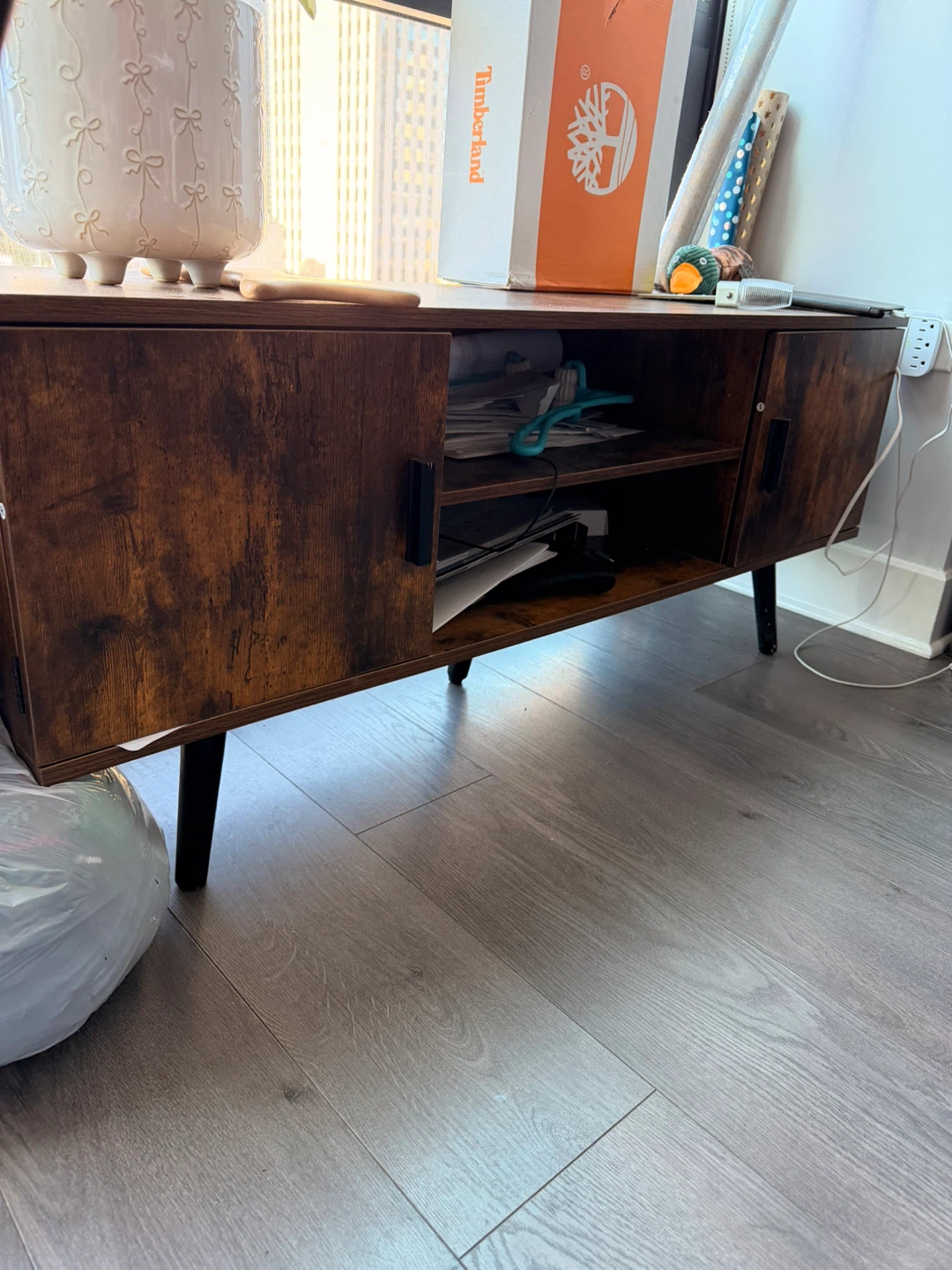 Rustic Wood TV Stand with Black Legs
