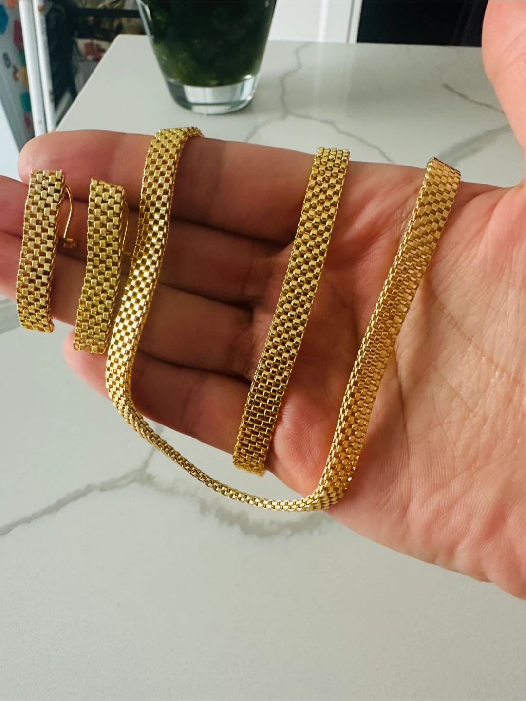 Gold Tone Mesh Necklace Bracelet Earrings Set