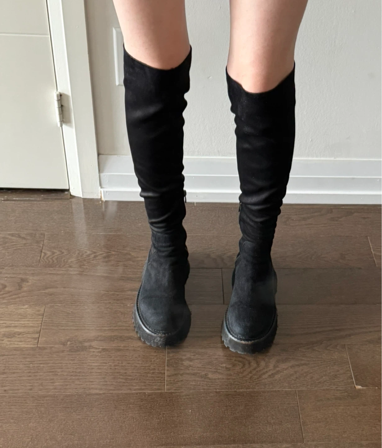 Black Suede Over-the-Knee Boots with Chunky Soles