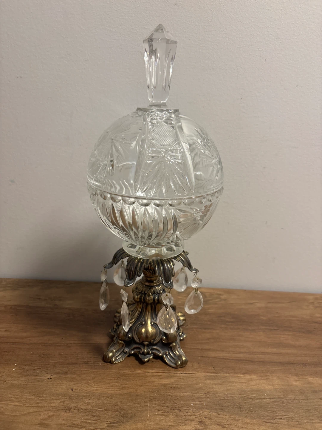 Vintage Pinwheel Crystal Candy Dish with Ornate Brass Base