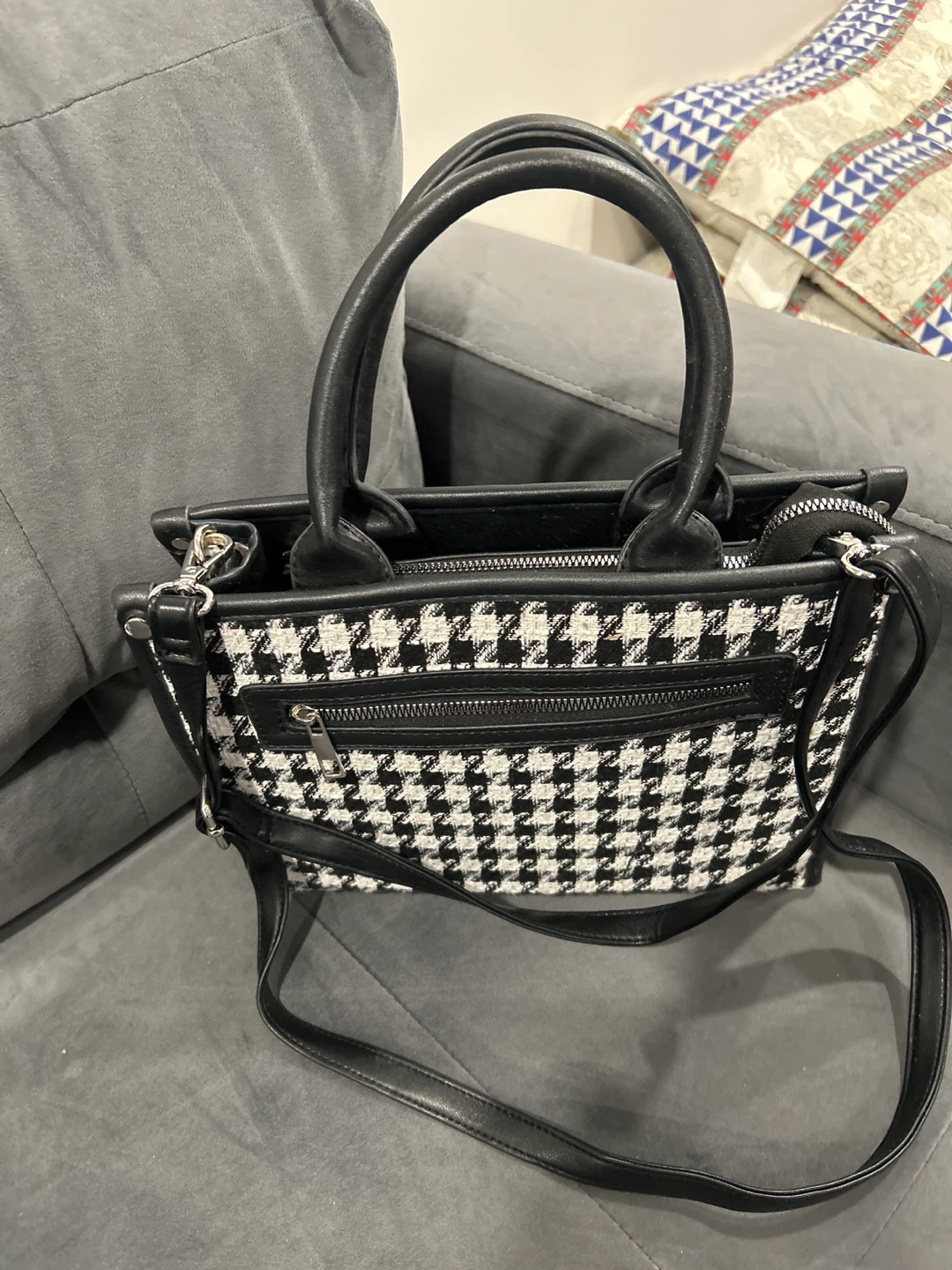 Houndstooth Mini Tote Bag with Shoulder Strap
